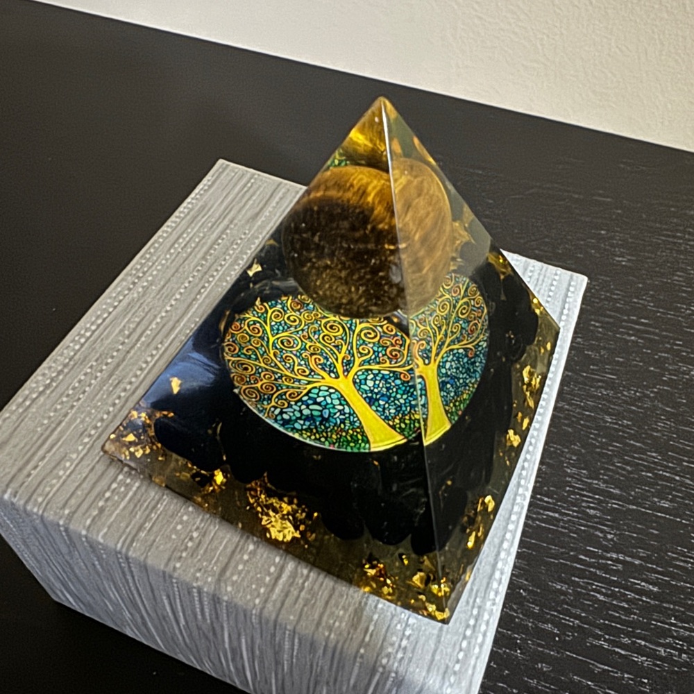 Resin Pyramid Tree of Life Tiger’s Eye Obsidian and Gold flecks